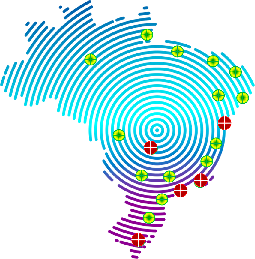 O mapa do Brasil com indicações dos escritórios da Brasoftware